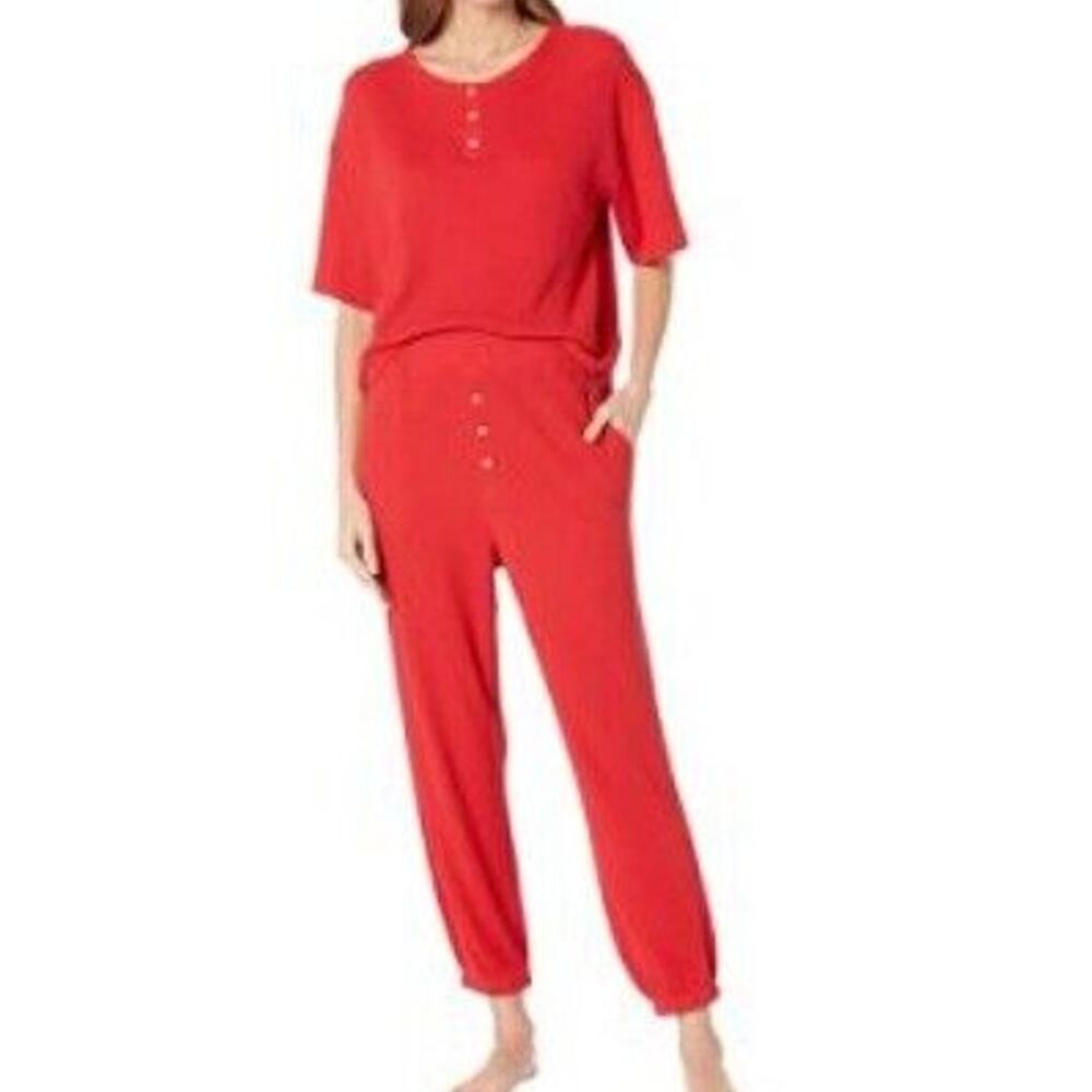 Eberjey Waffle Pajama Set Joggers‎ Womens Medium Haute Red Short Sleeve Pull On